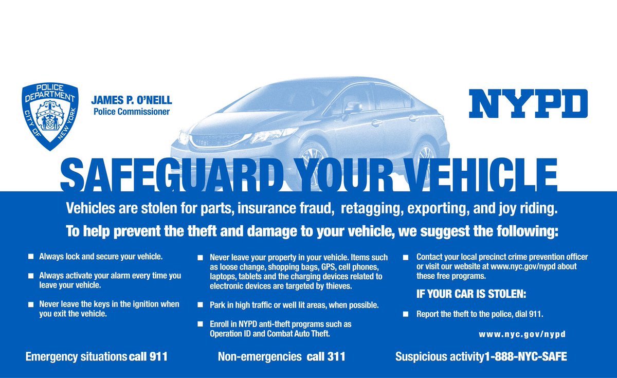 NYPD105Pct's tweet photo. 🚙Safeguard Your Vehicle 🚗
♦️Always lock & secure your vehicle
🔹Activate your alarm
♦️Never leave keys in ignition
🔹Never leave property in sight
♦️Park in high traffic or well lit areas
#CrimePrevention
#NYPDTips https://t.co/c92mW4IUek