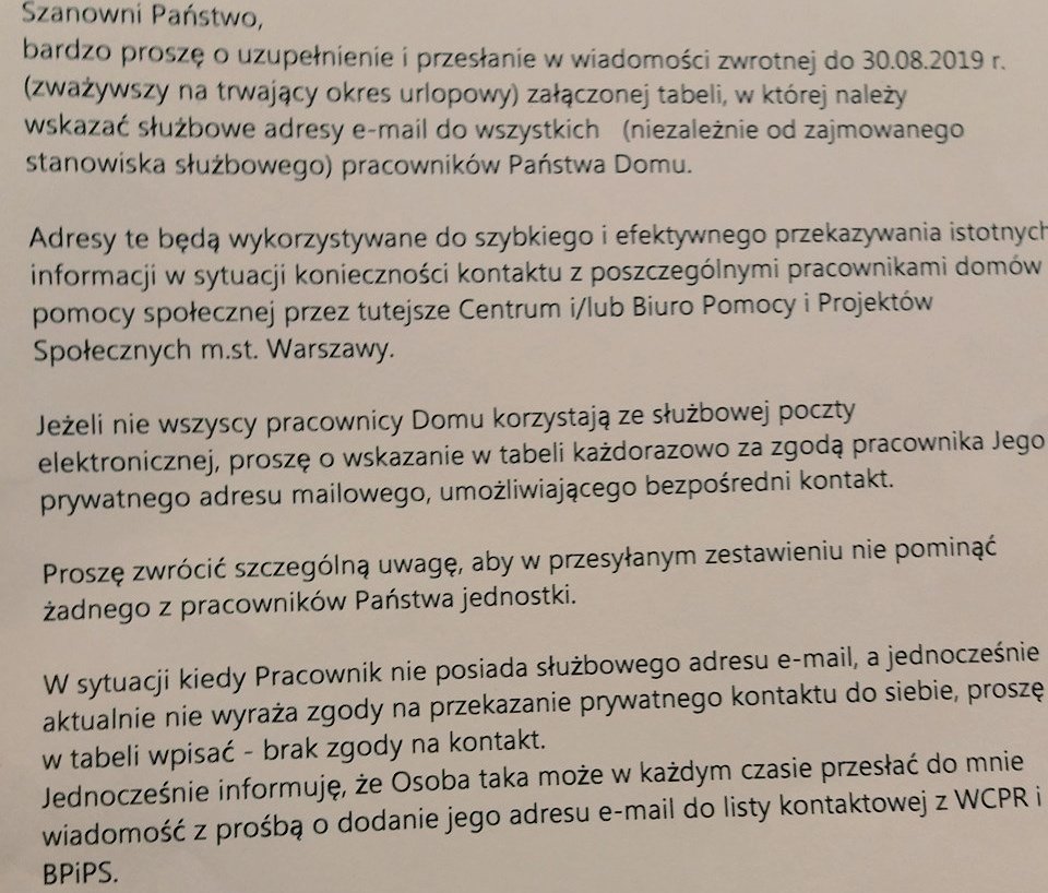 SuwPolska's tweet photo. Takie pismo sygnowane przez Warszawskie Centrum Pomocy Rodzinie trafiło do pracowników wszystkich podległych jednostek. Po co zbieranie prywatnych maili pracowników? Czy chodzi o kanał dystrybucji materiałów wyborczych, czy budowanie farmy trolli? https://t.co/slEUv0ZMEb