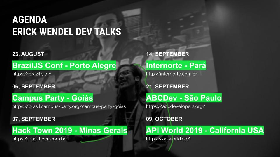 erickwendel_'s tweet photo. 😱✈️🇧🇷🌎
Hey folks! Happy to announce my next stops!
👉🏻23/08 - @braziljs - POA - 🇧🇷
👉🏻06/09 - @campusparty GO - GO - 🇧🇷
👉🏻07/09 - #HackTown2019 - MG - 🇧🇷
👉🏻14/09 - #Internorte2019 - PA - 🇧🇷
👉🏻21/09 - @abc_developers - SP - 🇧🇷
👉🏻09/10 - @APIWorld - CA - 🇺🇸
#mvpbr #gde https://t.co/kh1U8wsLIW