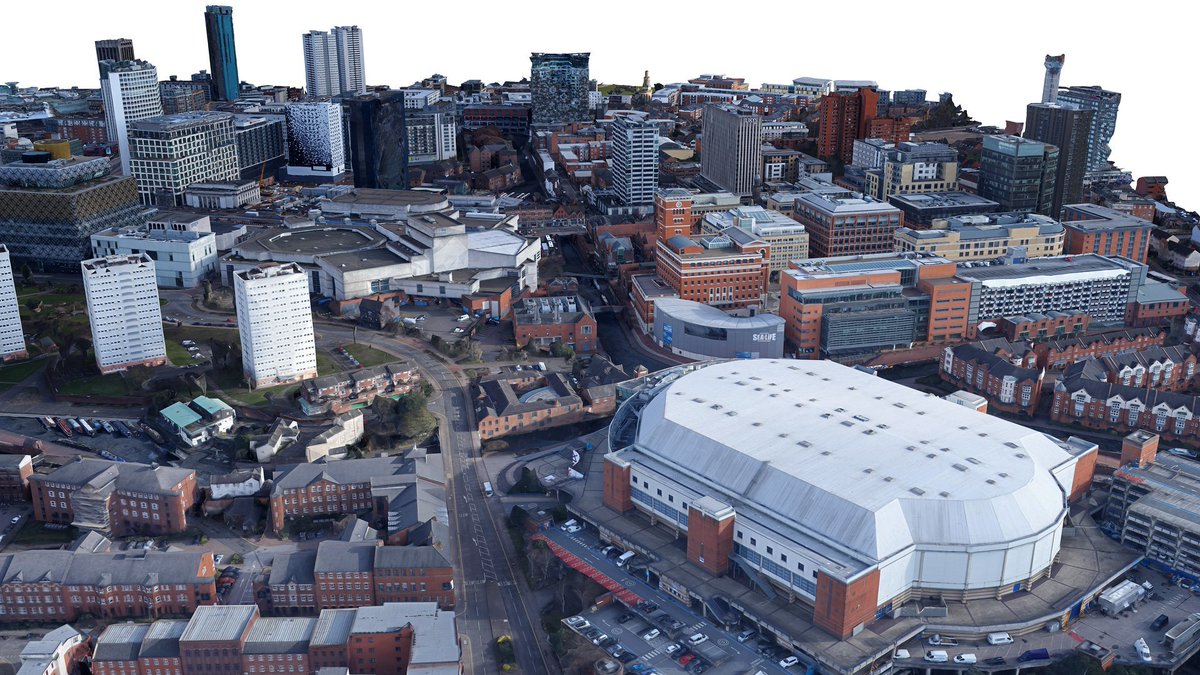 RealityCapture_'s tweet photo. HQ Birmingham 3D city model. 
Around 1100 images were captured with a dual camera system mounted under small Cessna plane.

Both nadir and oblique imagery were processed inside of RealityCapture.
Credits go to Jasper Mink and Terra Drone Europe.

Overall processing time was 17h. https://t.co/YWYiHk4LCr