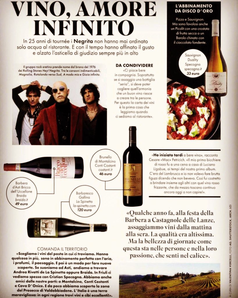 raffabraida's tweet photo. Rock band NEGRITA interviewed by magazine LA CUCINA ITALIANA confirm their love ❤️ to 🍷(Vino, Amore Infinito) and to Braida, BRICCO dell’UCCELLONE too. 
#braida #wine #music #rock #negrita #barbera #cucinaItaliana #briccodellUccellone #italianwine #tasteItaly #braidawines https://t.co/2UGZSAeWIo