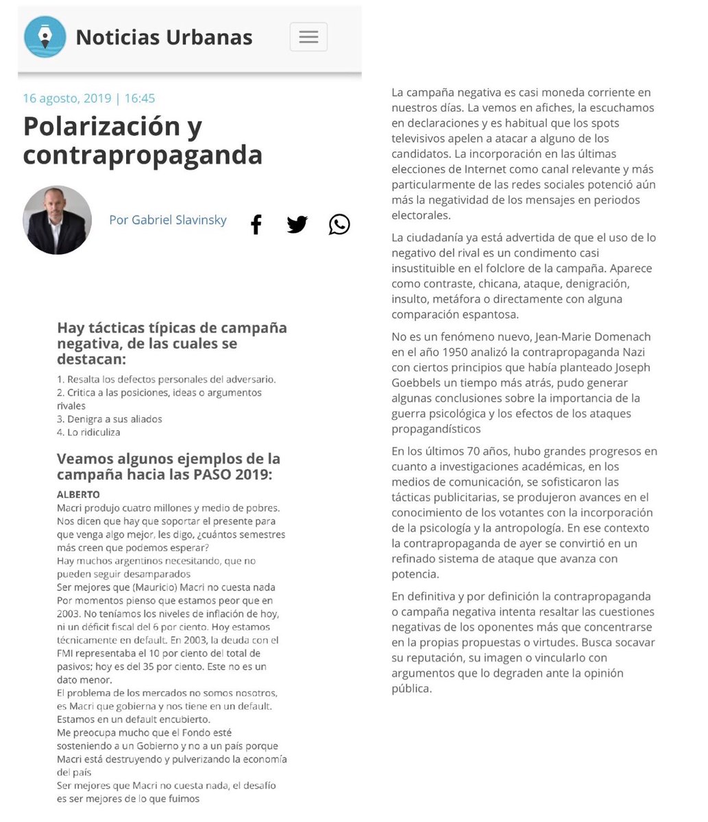 __COLUMNA DE OPINIÓN__ Gabriel Salvinsky especialista en Comunicación Política en Noticias Urbanas •Polarización y Contrapropaganda• <a href="/noticiasurbanas/">Noticias Urbanas</a> 
👉noticiasurbanas.com.ar/opinion/polari…