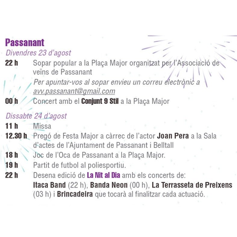 FM de Passanant.

Concerts gratuïts dissabte 24 amb:

22h ITACA BAND
24h BANDA NEON
03h LA TERRASSETA DE PREIXENS

#festamajor #passanant #concertscatalunya