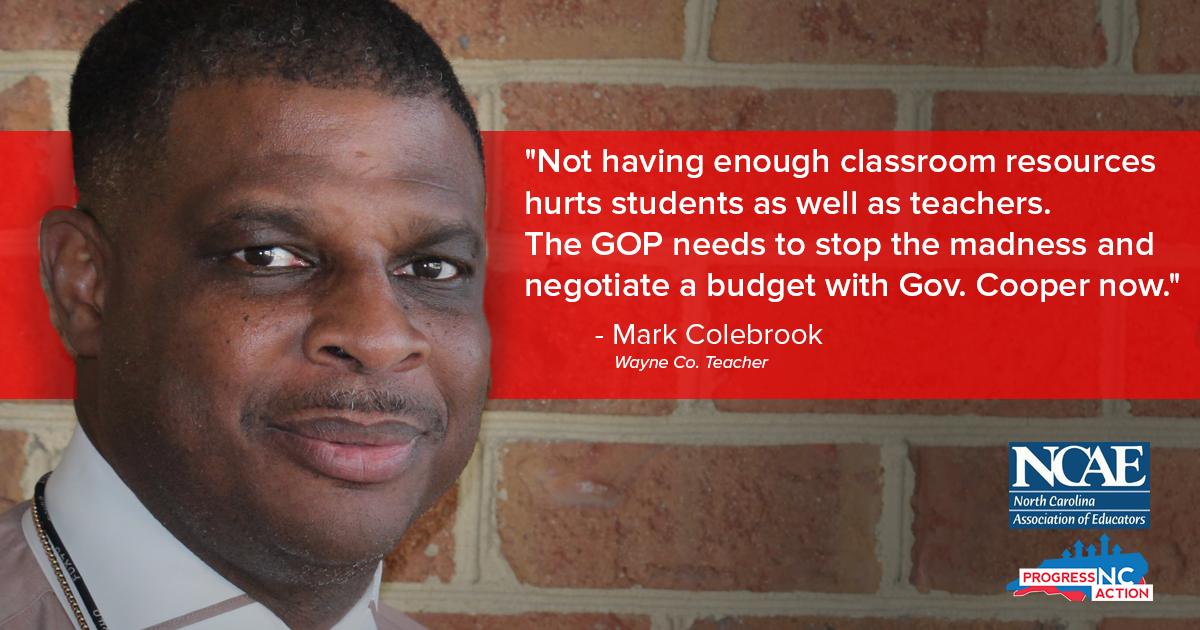 ProgressNow_NC's tweet photo. The longer Republicans delay working on a better budget, the longer educators like Mark will have to wait for the funding they need. #ncpol #nced #Red4Ed #RedForEdNC https://t.co/pO7cTo1VGJ