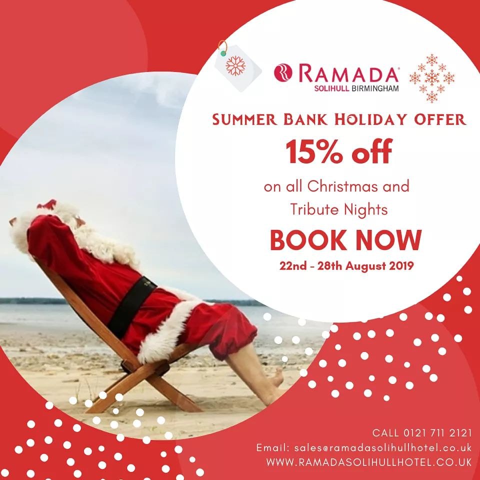 As an early Christmas Gift to you and to celebrate the upcoming Bank Holiday Weekend we are offering you 15% off any tribute night or Christmas Party in 2019 if you book anytime from today until 5.00pm on Wednesday 28th August!
For bookings please call now on 0121 711 2121
