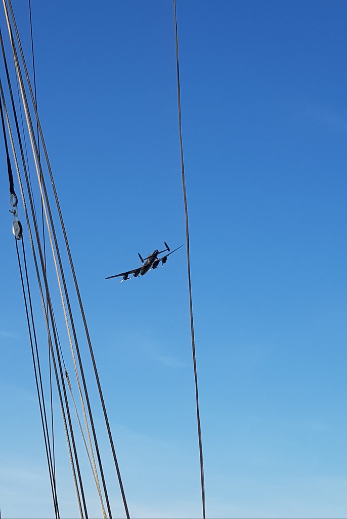 AJW1966's tweet photo. Highlight of the afternoon (so far!) @ClactonAirshow @RAFBBMF #LancasterBomber flying right over us on Thames Barge "Thistle" anchored off #Clacton Pier @BBCEssex #ClactonAirshow #TopSailCharters #TeamThistle #SunshineCoast https://t.co/cyub7z68Fu
