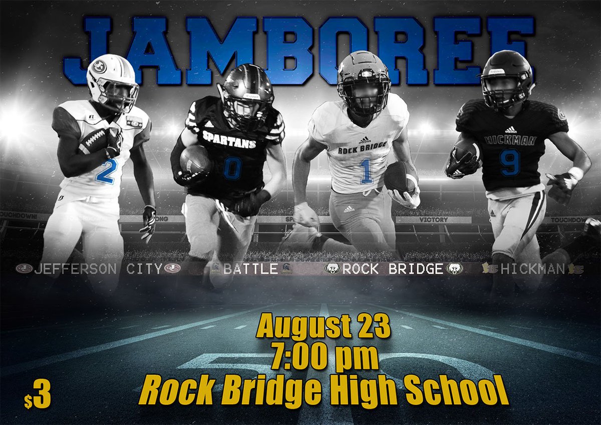 Hope to see a big crowd Friday, 8/23/19 at 7 pm at Rock Bridge HS for the 2019 Jamboree!  It's a great opportunity to 👀 the BHS, HHS, JCHS, and RBHS 🏈 teams as they show us the hard work they've put in so far this season!
🎟️$3 - adults, $2 - students