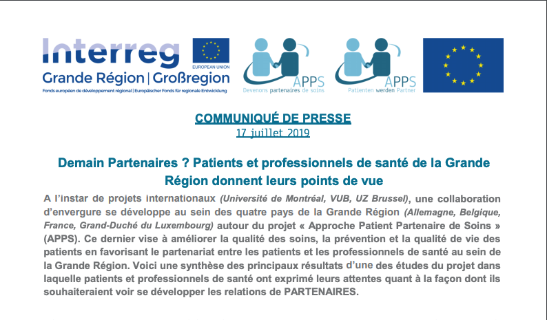 appsbyinterreg's tweet photo. 📣📣COMMUNIQUE DE PRESSE📣📣

L'Approche Patient Partenaire de Soins :  patients et professionnels de santé expriment leurs attentes quant à la façon dont ils
souhaiteraient voir se développer les relations de PARTENAIRES.
https://t.co/J7Vfhv4gLC https://t.co/VM5jYdxOEH