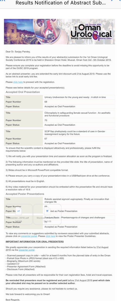 DrSanjayPande10's tweet photo. Good to see our 5 acceptances on niche Reconstructive @ 1st Oman Urology Congress that we chose to treat with satisfactory results. Happy to be packing bags to the inaugural convention.Wishing #OUSC2019 a great start. @KDAHMumbai @MBhandariUrol https://t.co/g1NtjIDU2b