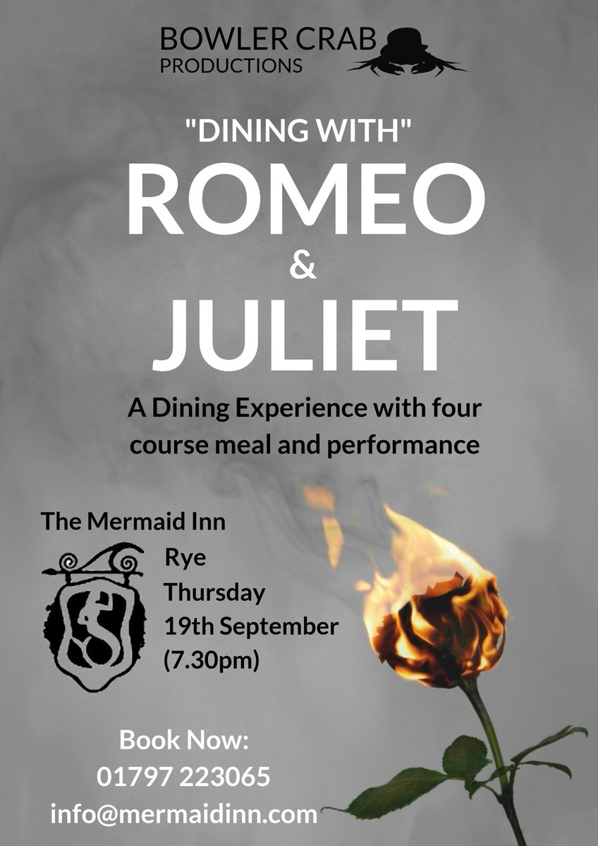 Smoked Salmon, Crispy Capers & Dill Crème Fraiche? or perhaps Maple Braised Beef Cheek with Leek Mashed Potato and a Red Wine Jus?!
Whatever you fancy, be sure to book your menu choices for our #romeoandjuliet #diningexperience as part of the #ryeartsfestival at
 @MermaidRye