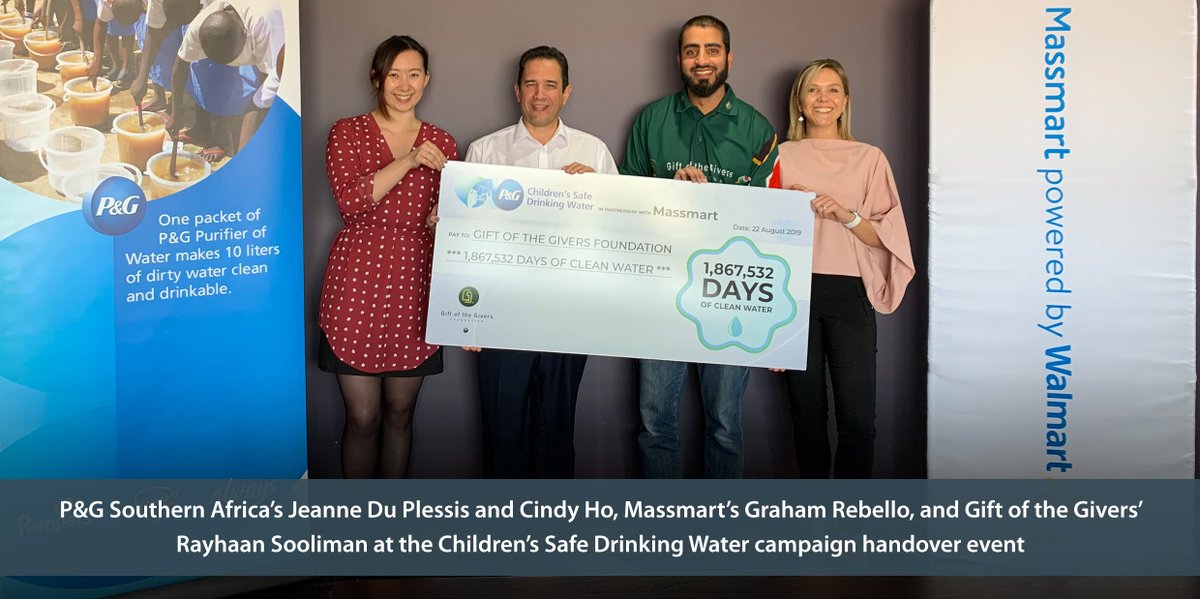 MassmartSA's tweet photo. Through our partnership with @PGSouthAfrica and with the support of our customers, we’ve raised enough funds to donate water purification sachets that will enable @GiftoftheGivers to distribute 1.8 million days of clean drinking water. #CleanWaterChangesLives https://t.co/zywDGUv3yF