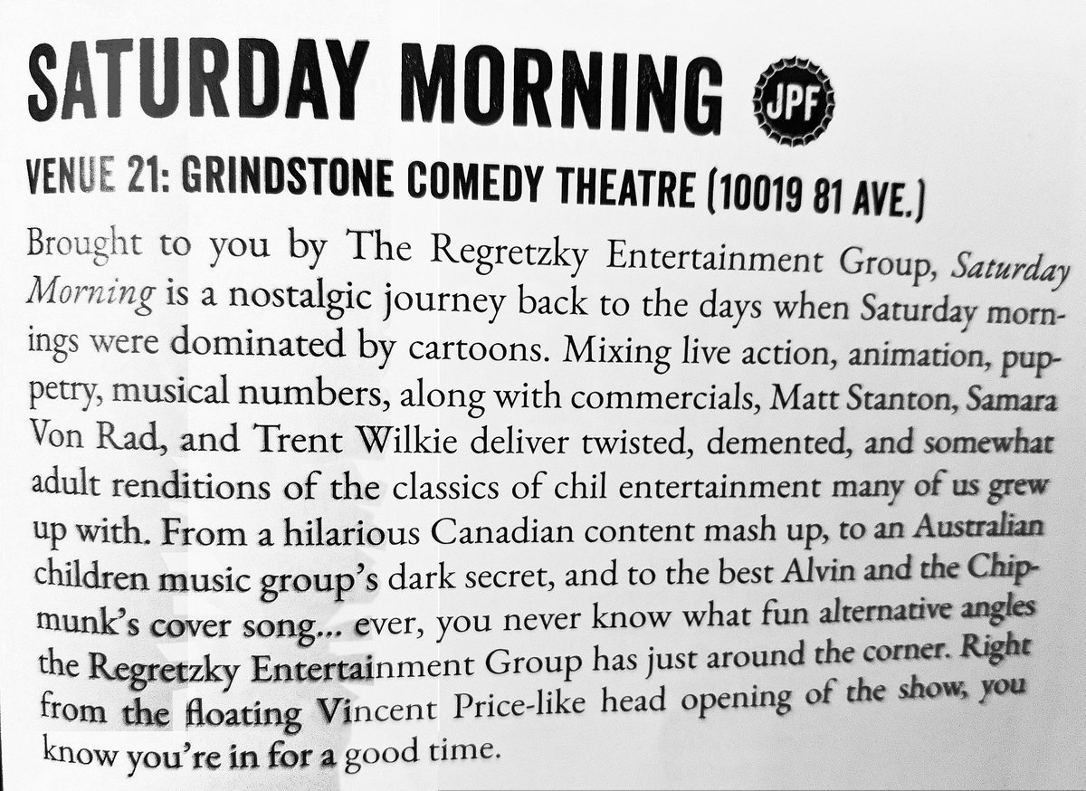 Oh hello! "Saturday Morning" <a href="/edmontonfringe/">Edmonton Fringe</a> plays today at 4PM. Some tickets still available online or at the door <a href="/Grindstoneyeg/">Grindstone Theatre</a>. #yegfringe #yeg Here's the first review:
