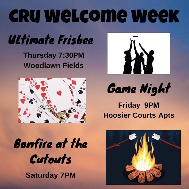 CruAtIU's tweet photo. Looking for something to do during welcome week? We’ve got you covered!

Reach out to bible study leaders with any questions

Invite anybody and everybody! https://t.co/R3lhhUtlWW