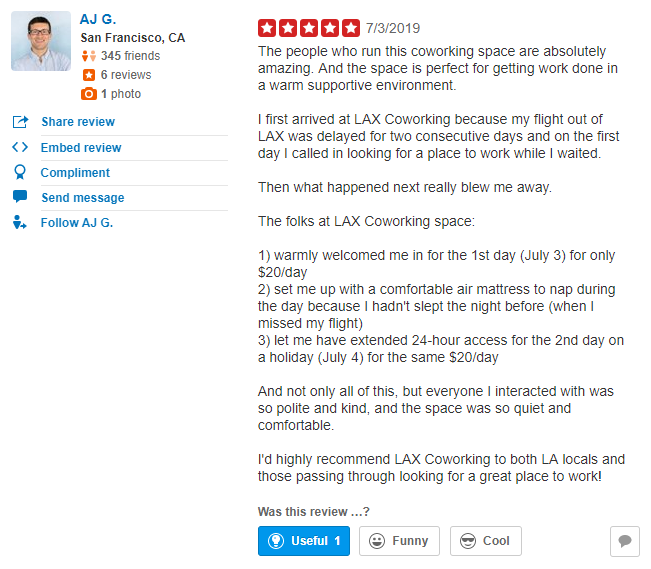 It's #thankyouthursday! Today we are thankful for all of our fans here at #laxcoworking --you say the sweetest things!

#thankyou #review #5star #5starreview #laxcoastal #yourlocalchamber #yourbusinessresource #yelp
