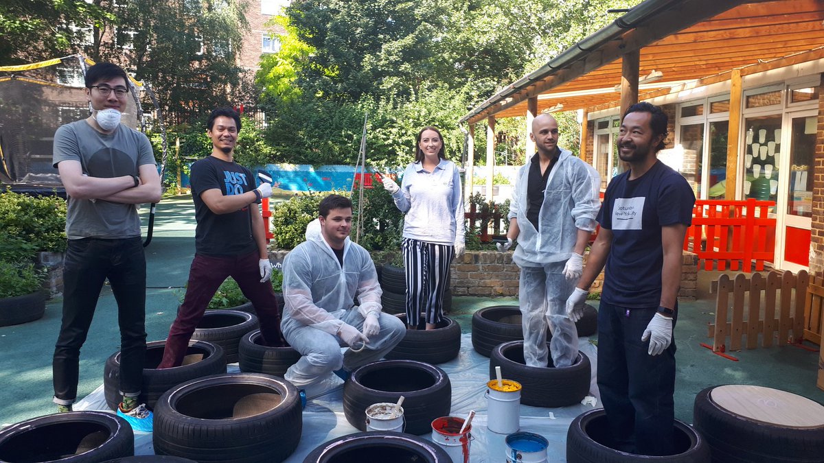inpaddington's tweet photo. What a perfect #volunteer project for a car manufacturer. Colleagues from @Nissan have spent today at @MaryMagsSchool transforming old tyres into a sensory barefoot walkway and outdoor seating. There was also time to paint a keyboard, to be used as an instrument wall. #Creative https://t.co/7pGfJYf5H6