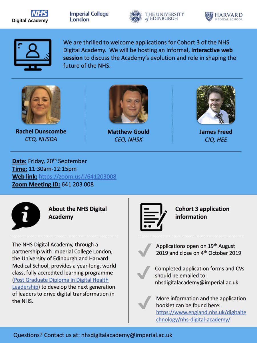 NHSDigAcademy's tweet photo. Questions about applying for the #NHSDigitalAcademy #Cohort3? Join @ukpenguin , @jamesfreed5 , and @matthewsgould for a live online session to discuss the programme and its impact on the NHS! Friday 20th September, 11:30am: https://t.co/w7PNGo94xQ https://t.co/3OxkqU7TYi
