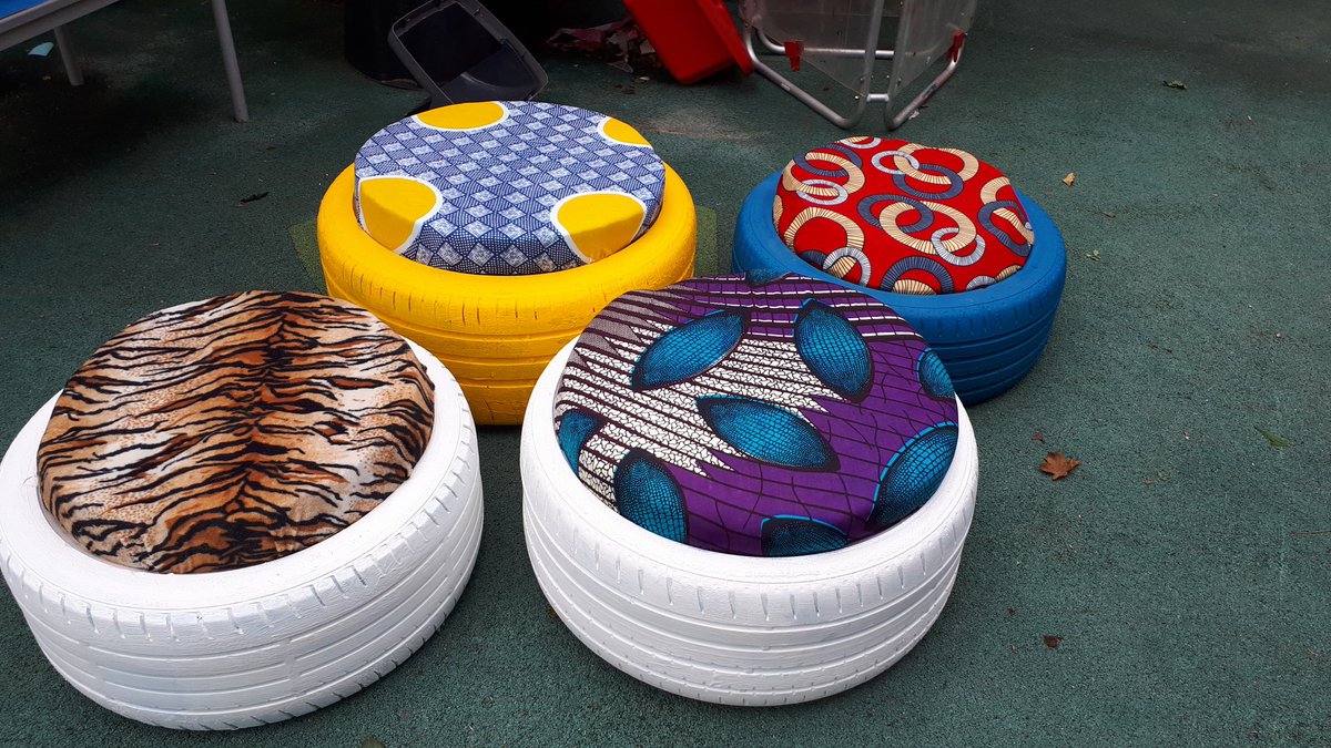 inpaddington's tweet photo. What a perfect #volunteer project for a car manufacturer. Colleagues from @Nissan have spent today at @MaryMagsSchool transforming old tyres into a sensory barefoot walkway and outdoor seating. There was also time to paint a keyboard, to be used as an instrument wall. #Creative https://t.co/7pGfJYf5H6