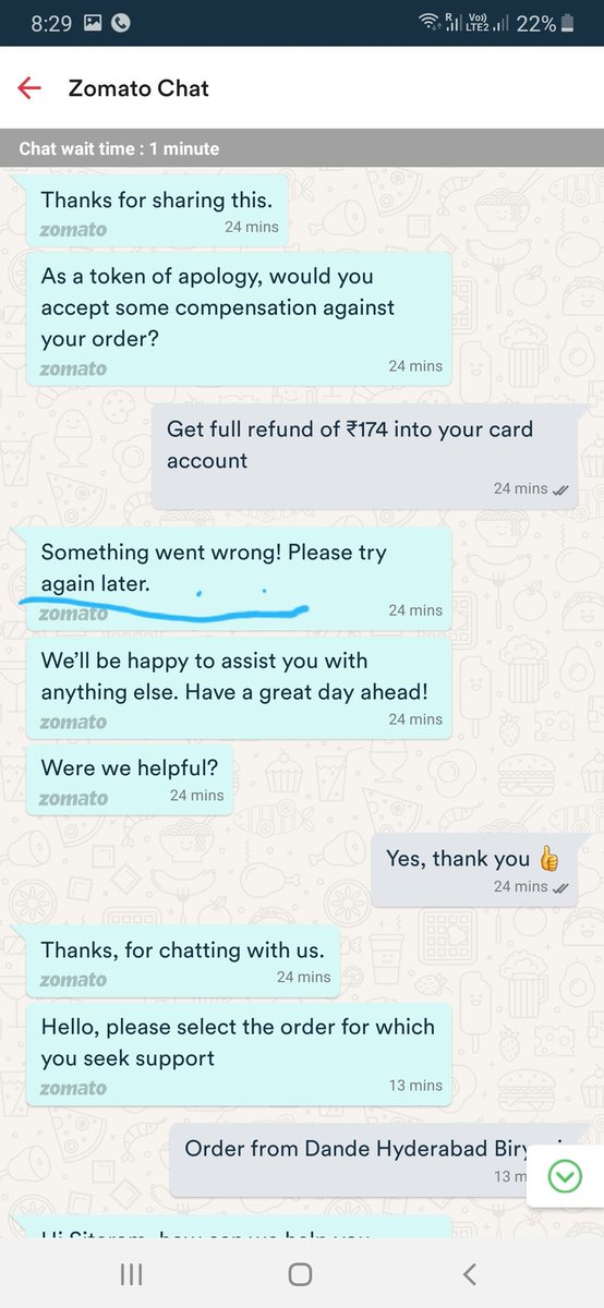 Zomato sent us an incorrect order....

But while they offered us an option to accept a refund. When accepted refund, they didn't process it showing.

Something went wrong please try again later.

This shows their double standards. <a href="/ZomatoIN/">zomato</a>
<a href="/fssaiindia/">FSSAI</a>