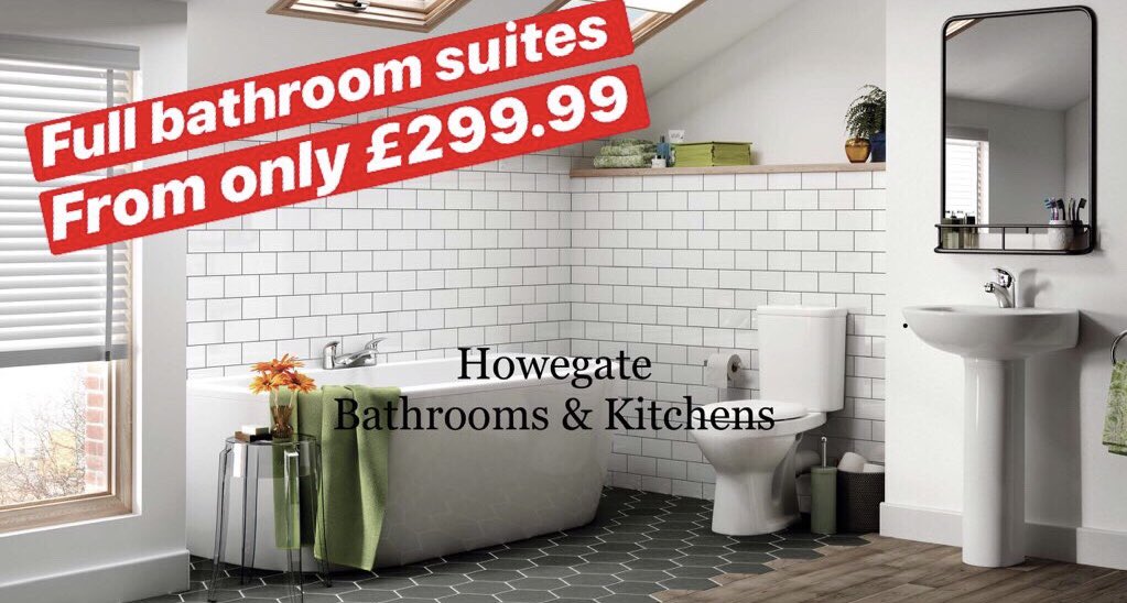 howegate's tweet image. Full bathroom suites available with free delivery* from only £299.99 at 
Howegate Bathrooms &amp;amp; Kitchens.

Bathroom suite includes 
Bath, bath panel, taps, wastes, toilet and basin.

Howegate Bathrooms &amp;amp; Kitchens cover all the Scottish Borders, Edinburgh and the Lothians.