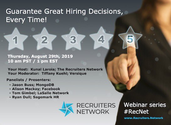 Join me on 8/29 for an exclusive webinar on how to guarantee great hiring decisions, every time! Details &amp; info @ bit.ly/recruitersnetw… #recruiting #webinar #hr #talentacquisition