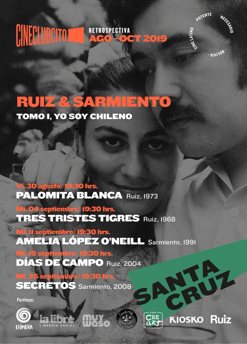 cineclubcito's tweet photo. #Retrosepctiva2019 #cartelera #SCZBO

Amigxs! va la cartelera para SANTA CRUZ 🌴
#Retrosepctiva2019: Ruiz &amp; Sarmiento. 
TOMO I. Yo soy chileno

Les esperamos en nuestro querido fortín del Oriente, la Galería KIOSKO! 

LINK evento https://t.co/6JGwIXgNpV

#cine #Bolivia #Chile https://t.co/6tbCGaC7dC