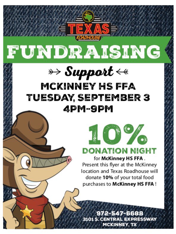 Make sure to come to our Texas Roadhouse Spirit Night! You must show the waiter the flyer or tell them you are with the FFA.