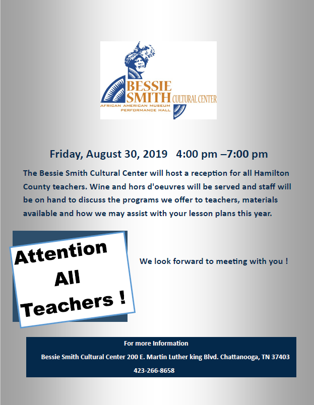 TheBessie's tweet photo. We're hosting a reception for teachers in Hamilton County August 30th! From 4-7pm here at the Bessie.There will be wine, hors d'oeuvres and information on our education programs! Come have a drink, talk with us and take a look at our museum! @hamcoschools #chattanooga #education https://t.co/Kv6FyobCe4