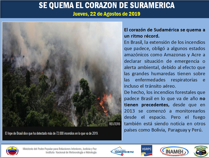 INAMEH's tweet photo. #22Ago #InamehInforma: Incendios en el Amazonas. #Reporte de las 07:00 HLV. #VenezuelaProsperaYProductiva #FelizJueves @tutiempopereira https://t.co/87tnDbSjEo