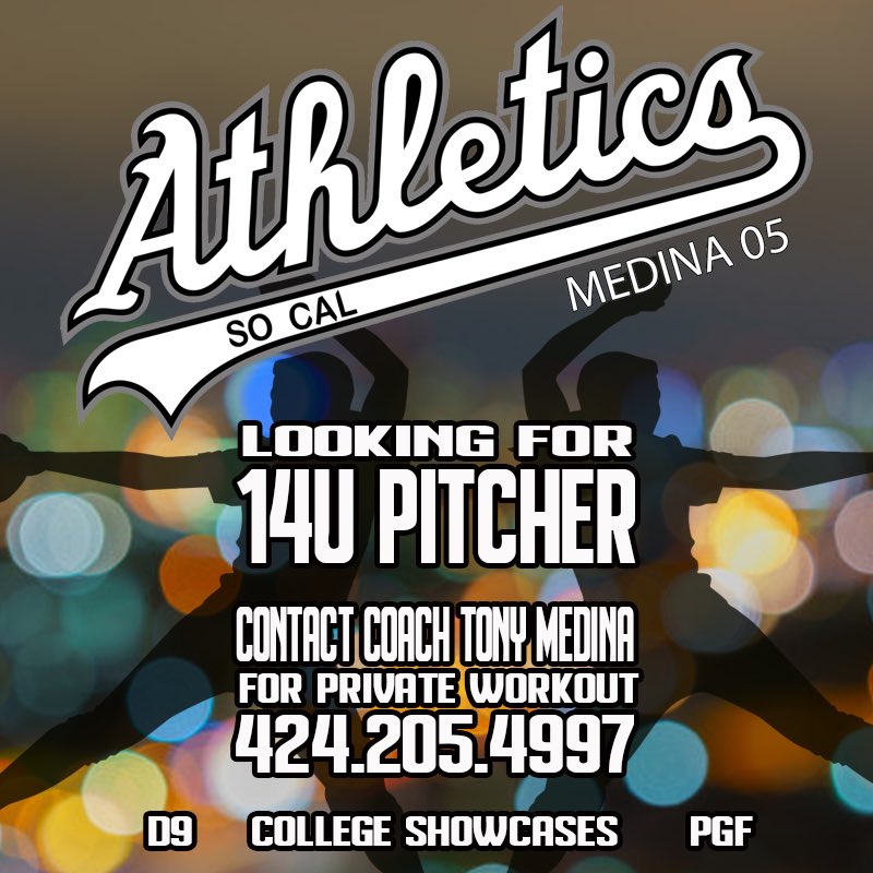 SCA14U's tweet image. Looking for 14U Pitcher. Contact Coach Tony Medina for a private workout (424) 205-4997. Our team will be playing at the top college showcases, D9 and PGF to name a few. Share this with a friend!