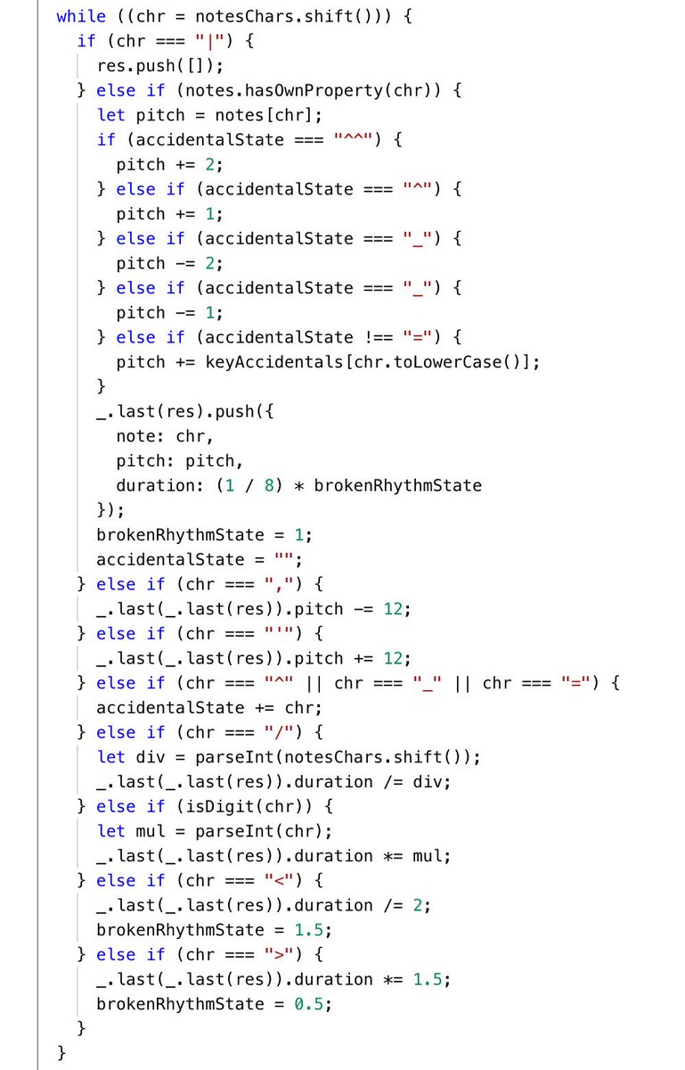 teropa's tweet photo. Couldn't find a JavaScript parser for ABC notation that doesn't come with a ton of baggage, so cooking up one of my own... https://t.co/vB37z8JnB9
