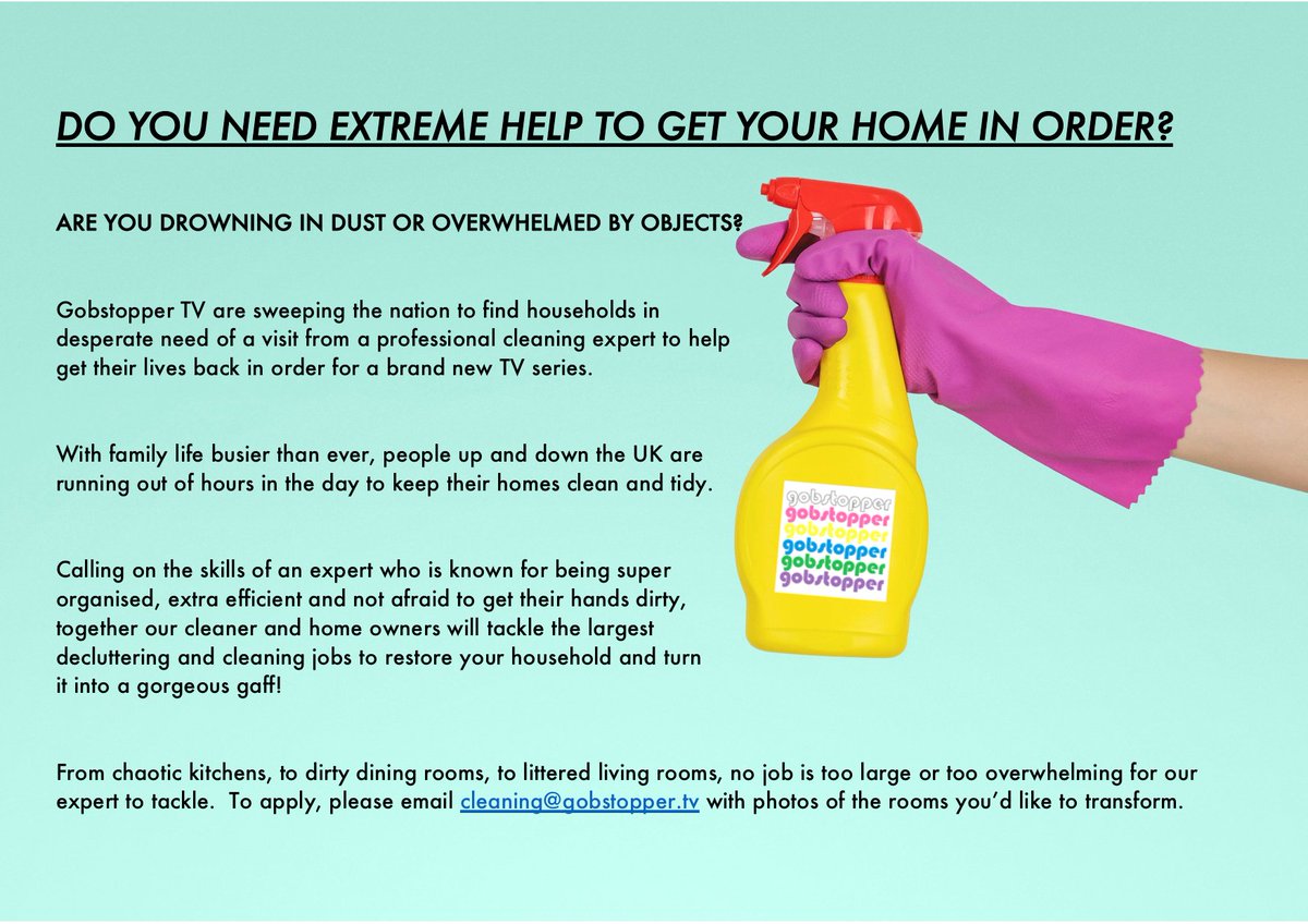 <a href="/TellyBoxCasting/">Telly Box Casting</a> Our new #cleaning TV show is looking for households in desperate need of a helping hand, pls RT? 
E: cleaning@gobstopper.tv

#dirtyhouse #cleaningtips #homehacks
