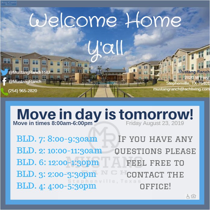 MustangRanchTSU's tweet photo. 💥MOVE IN DAY IS TOMORROW 💥 Are you as excited as well are?! First stop tomorrow is the office and we will walk you through the rest 😊 it's going to be an exciting year! #tarletonstate #tarleton21 #tarleton22 #tarleton20 #stephenvilletx https://t.co/q232q5eo3s