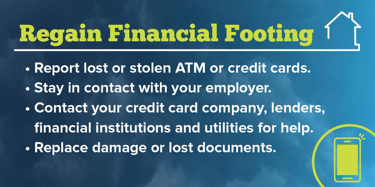 FTC's tweet image. The storm hit. You left home w/o IDs, checks, credit and debit cards, and you don’t know when you’ll get your next paycheck. These tips and contacts that may help you regain your financial footing: go.usa.gov/xV4Xw #FTCWeatherTips #weather #financialtips