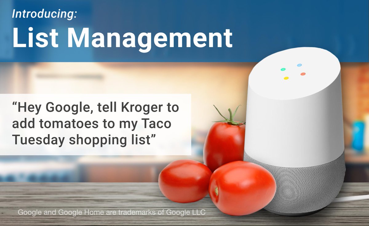 “Hey Google, Add Tomatoes to my Taco Tuesday List”

Just when you thought managing your Kroger Shopping Cart with your voice was cool, now you can manage your Lists too! 
#shoppingcart #manage #technology  #charlotte #customer