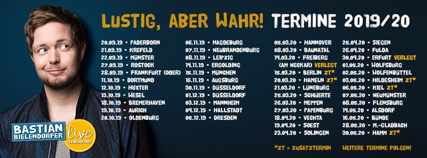 TWITTER-GEWINNSPIEL ! 
Bock 1x2 Karten für meine Tour „Lustig, aber wahr!“ zu gewinnen? 

Dafür müsst ihr nur

1. Mir folgen 
2. Diesen Tweet retweeten

Morgen um 20Uhr wird der ZufallsGewinner  bekannt gegeben.

Viel Glück ❤️

Hier bekommt ihr die Tix 
eventim.de/artist/bastian…
