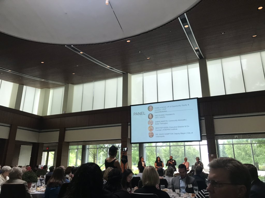 At the Indianapolis 2019 Momentum Luncheon listening to Inez Evans (CEO of IndyGo), Sabae Martin (Butler Tarkington), Imhotep Adisa (KHEPRW Institute), and Dr. David Hampton (Deputy Mayor of the City of Indianapolis) in the panel discussion.