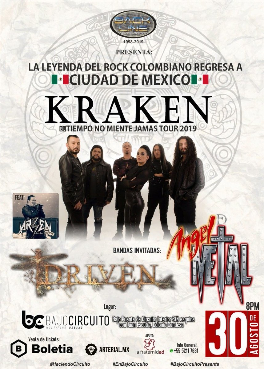 Prensa_Fan's tweet image. Celebrando 35 años de carrera desde #Colombia, @krakenTitanOfi llega a #México este 30 de #Agosto a @Elbajocircuito, acompañados por @anhelldemetal y @drivenoficial 

Boletos vía @boletia:kraken.boletia.com

#CDMX #juevesde #PrensaFan