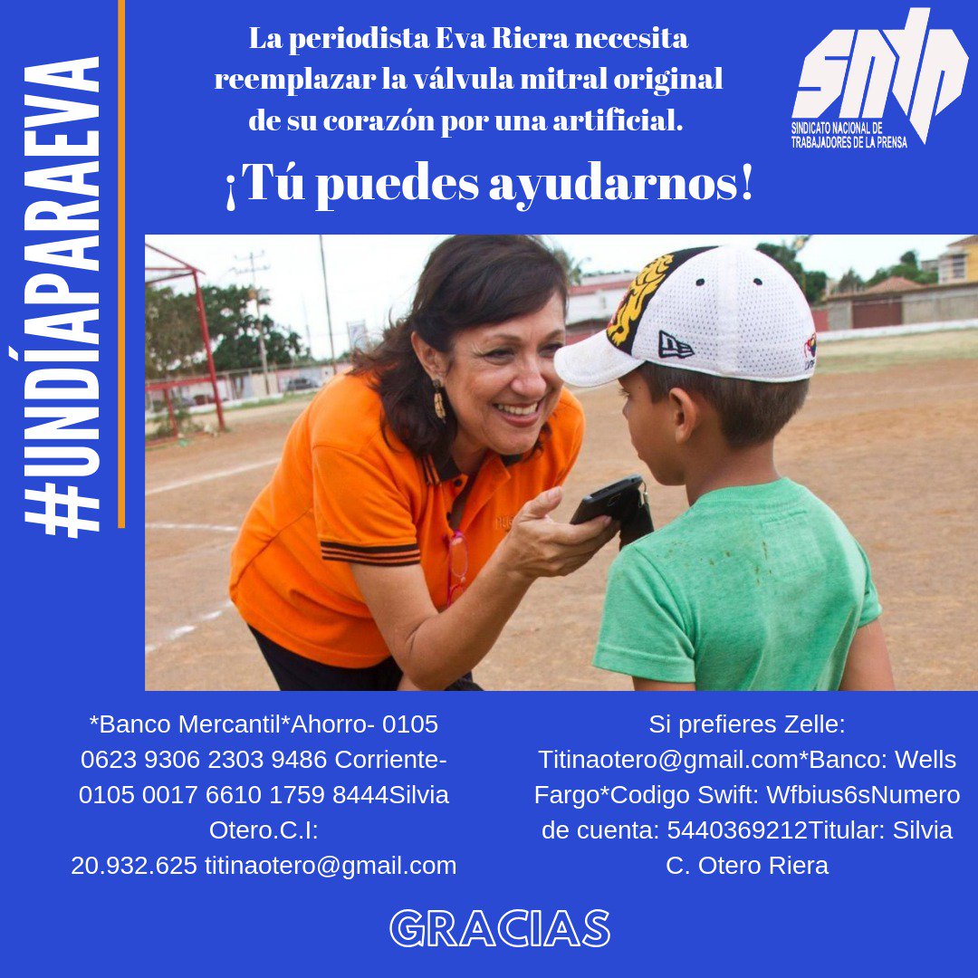 #UnDíaParaEva | Dedicaremos este #22Ago a llenar de amor y conseguir apoyo para nuestra delegada #SNTP, <a href="/EvaRiera/">Eva Riera</a>, una periodista aguerrida y defensora de Derechos Humanos que hoy necesita fondos para pagar una operación a corazón abierto.

Dona aquí: dm2.gofund.me/operacion-mari…