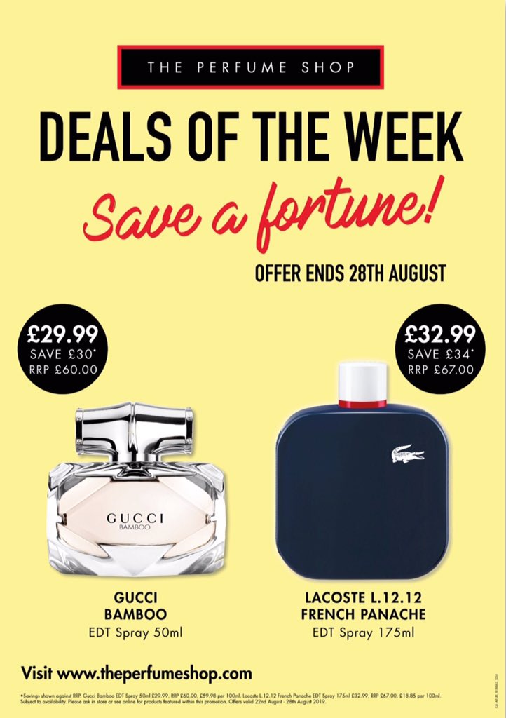 wakefieldsd_tps's tweet photo. Who doesn’t love a bargain? 

Our Deal of the week this week is the fabulous Gucci Bamboo 50ml and the amazing Lacoste French Panache 175ml! We know it’s a little early to start mentioning Christmas but these will make perfect gifts for people 🛍🎄🎁 @trinitywalk https://t.co/rA5fAfBDes