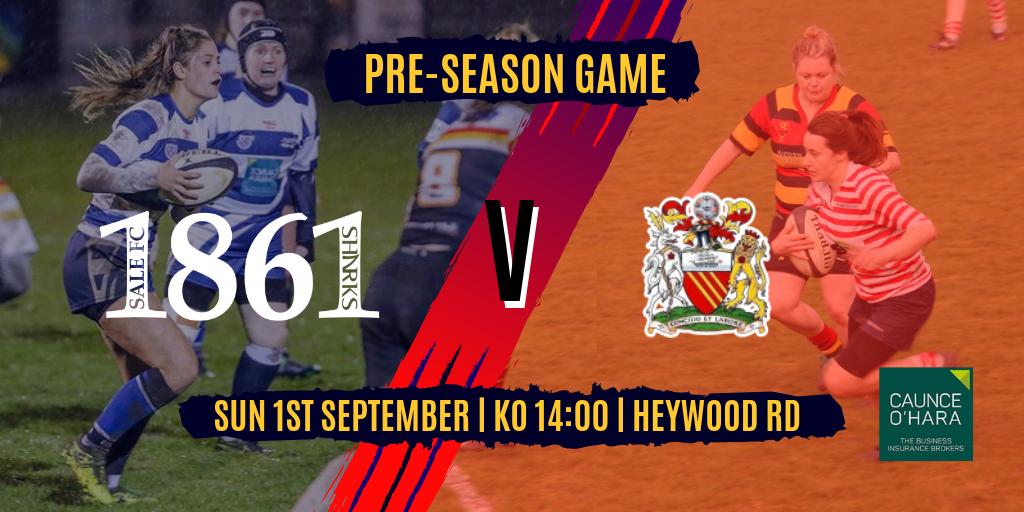 Sale1861Women's tweet photo. 🏉| PRE-SEASON
1861's next pre-season game is just over a week away! Come down to the CorpAcq Stadium, Sunday 1st September as the girls play @ManchesterWRUFC 🦈💙🌾
#sale1861 #salesharks #salefc #womensruby #preseason https://t.co/BBvc94QKBa