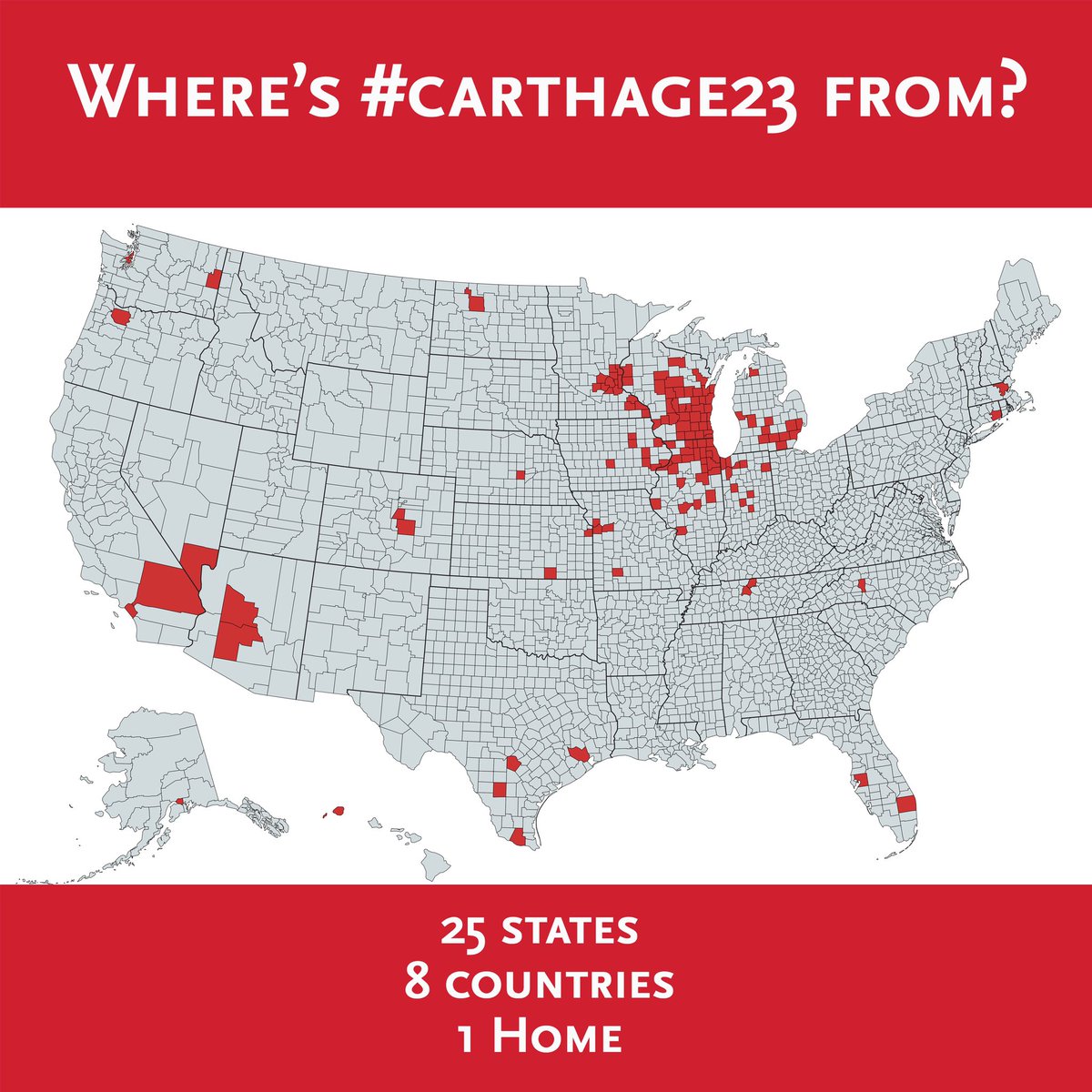 carthagecollege's tweet photo. 25 states (including both Alaska and Hawaii)

8 countries

1 home

Can’t wait to meet you #Carthage23! https://t.co/WG1Ke7OlS4