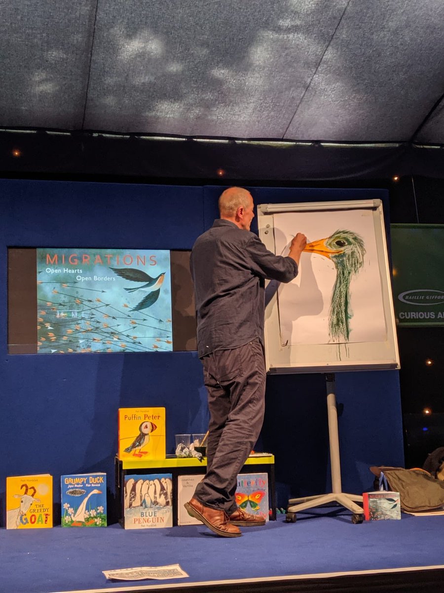 OtterBarryBooks's tweet photo. Sharing Lovely pic of @PHoracek painting an ostrich @edbookfest - the one who can fly in our #Migrationsbook. Anything is possible!@bouncemarketing https://t.co/iiJoZ6fxr6