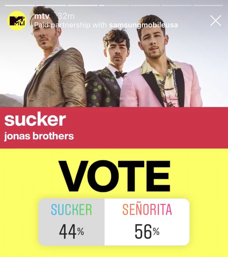 JONASBR0's tweet photo. Vote for #SUCKER on @MTV’s IG story! Let’s win @jonasbrothers the Song of Summer VMA! ☀️ https://t.co/mvssYsyw4C