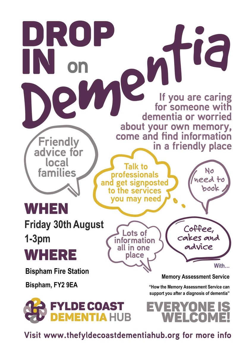 Next dementia hub at Bispham Fire Station on Friday 30th August 1-3pm. Lots of information, advice and support. See you there 😃