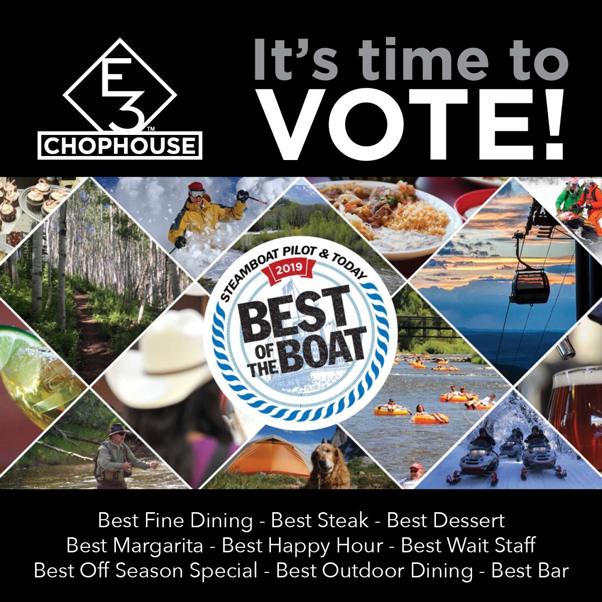 E3Chophouse's tweet image. It's that time of year to show the community how much you like E3 Chophouse! We'd like to say thank you for your support in the last couple of years and would appreciate your votes for 2019! #bestoftheboat #e3chophouse
.
.
.
steamboatpilot.com/wrapper/best-o…