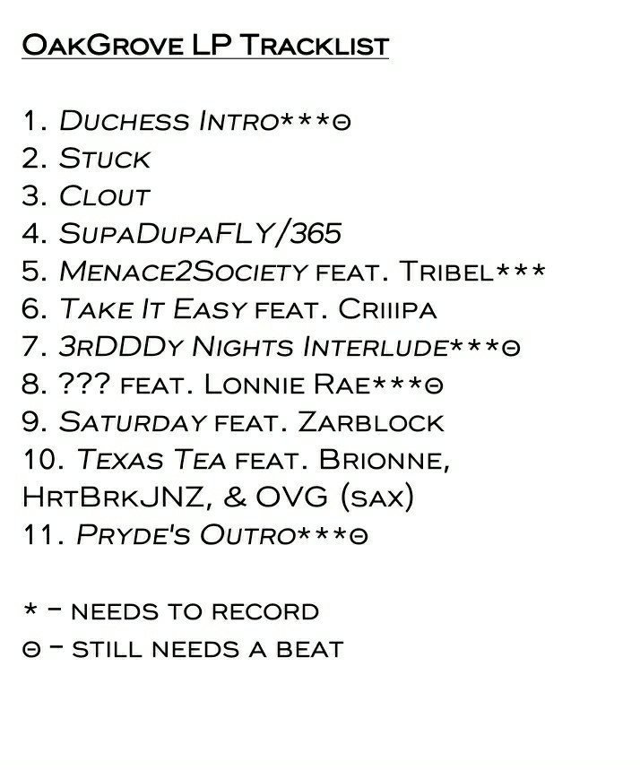 ogtonyj3000's tweet photo. Heres the Tracklist for the #OakGroveLP.
The list may change, some songs might be taken away or a song may be added. Never know, but the project is coming very nicely & majority of the songs have been produced by me. https://t.co/2Jazn8swLF