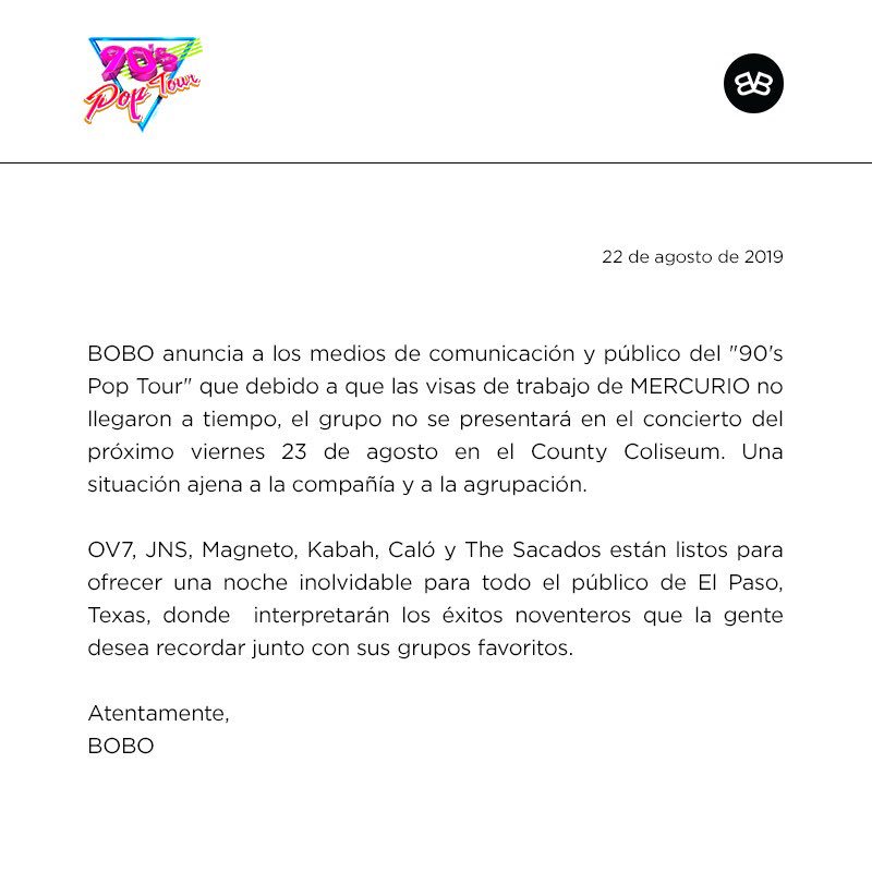 90sPopTour's tweet photo. Comunicado oficial. #ElPaso https://t.co/7sBDJKJU5L