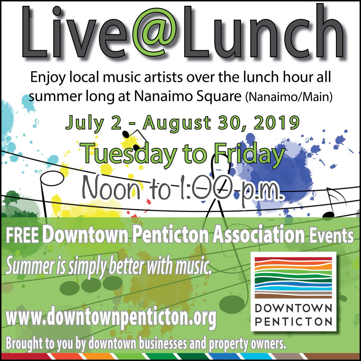 DTPenticton's tweet photo. Head to #NanaimoSquare today for a noontime musical interlude with #AriNeufeld. Live@Lunch continues this week. Free #livemusic from 12-1PM Tues to Fri.  Please note: Nanaimo Ave between Main and Martin Streets is closed during Live@Lunch. https://t.co/HSupQ5z1VJ