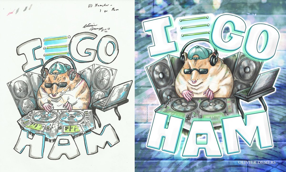 Olivier_DemersL's tweet photo. A sketch to finish of my "I Go Ham" piece. So much nicer, so much cleaner.
#art #sketch #IGoHam #hamster #DJHamster #olivierdemers #sketchbook #beforeandafter #sketchtofinish #process #artprocess #drawing #digitalart #cuteart #technobeats #clubbeats #OkayManStopWithTheTags https://t.co/cCfVI033xN