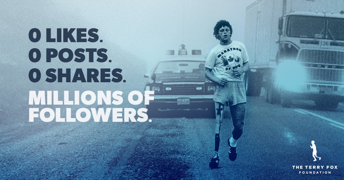 TerryFoxCanada's tweet photo. Terry ran an average of a marathon a day for 143 days. He never gave up - and neither will we. On September 15, join us for the 39th Terry Fox Run to raise funds for cancer research. https://t.co/UmA1t86XAP  #TerryFoxRun https://t.co/5QeIwBD4F7